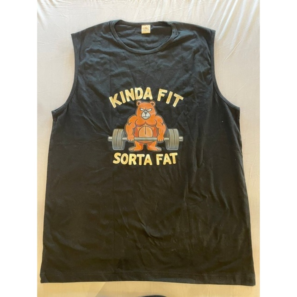 Kinda Fit Sorta Fat Mens Muscle Tank Top Black XL Bear Deadlift Gym Shirt Cotton